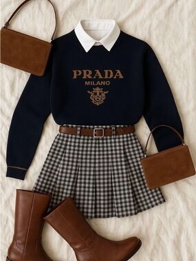 Prada Navy Knit Logo Mini Skirt Ensemble with Brown Accents